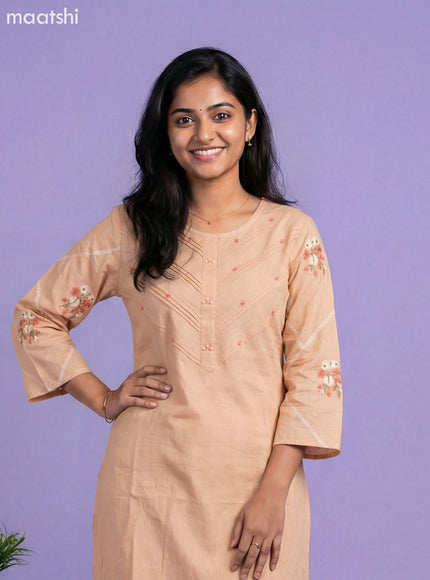 Mild Peach Cotton Embroidery Work Kurti Set