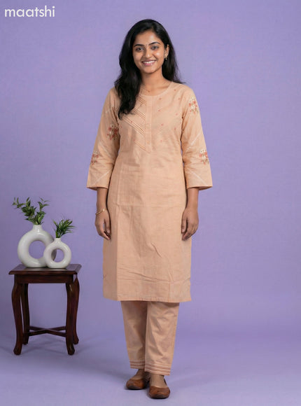 Mild Peach Cotton Embroidery Work Kurti Set
