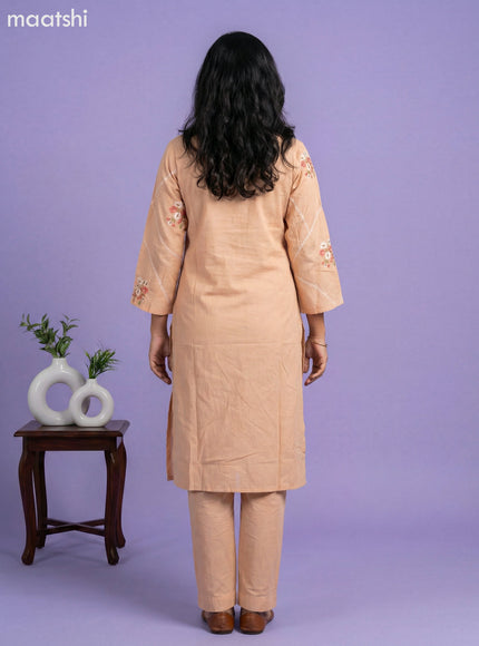 Mild Peach Cotton Embroidery Work Kurti Set