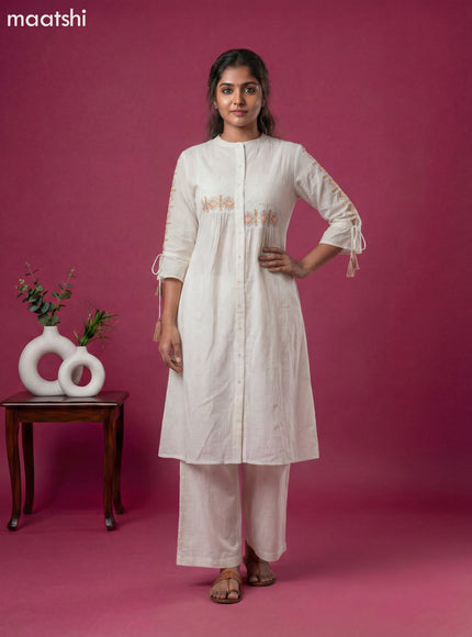 Off White Cotton Embroidery Work Kurti Set