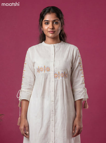 Off White Cotton Embroidery Work Kurti Set