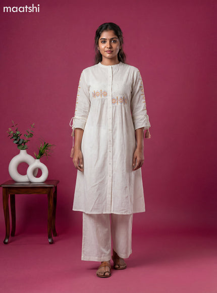 Off White Cotton Embroidery Work Kurti Set