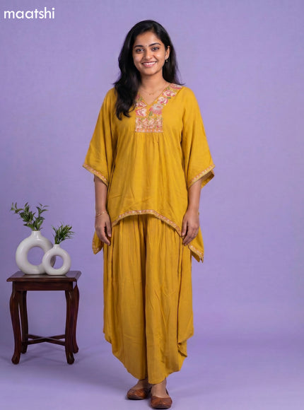Mustard Yellow Cotton Embroidery Work Kaftan Dress