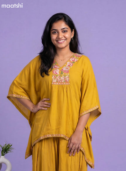 Mustard Yellow Cotton Embroidery Work Kaftan Dress