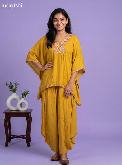 Mustard Yellow Cotton Embroidery Work Kaftan Dress