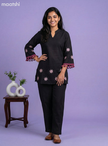 Black Cotton Embroidery Work Short Kurti Set