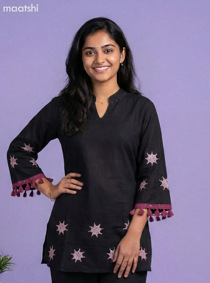 Black Cotton Embroidery Work Short Kurti Set