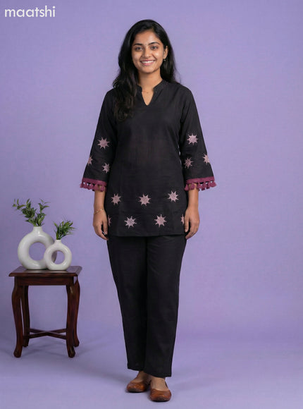 Black Cotton Embroidery Work Short Kurti Set