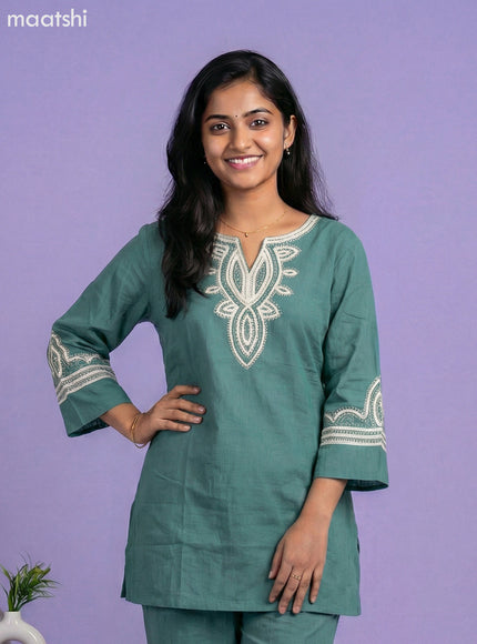 Teal Green Cotton Embroidery Work Short Kurti Set