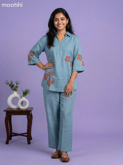 Pastel Blue Cotton Embroidery Work Short Co-Ord Set