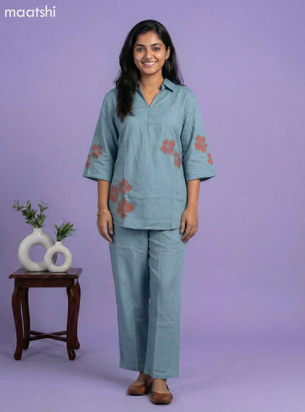 Pastel Blue Cotton Embroidery Work Short Co-Ord Set
