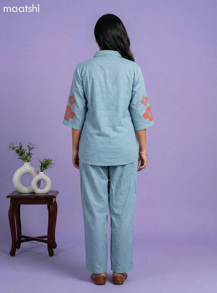 Pastel Blue Cotton Embroidery Work Short Co-Ord Set
