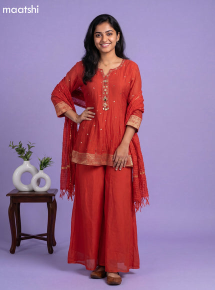 Orange Mul Chanderi Embroidery & Mirror Work Straight Suit