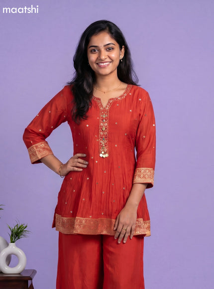 Orange Mul Chanderi Embroidery & Mirror Work Straight Suit