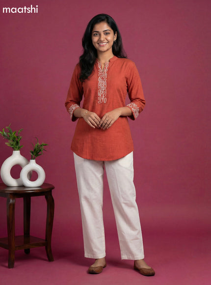 Rust Shade and Off White Rayon Simple Embroidery Work Neck Pattern Short Kurti Set