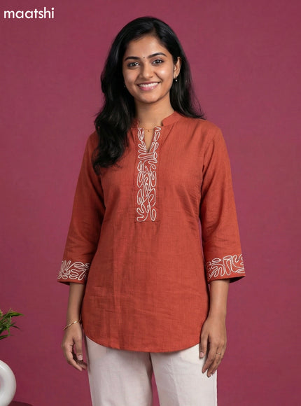 Rust Shade and Off White Rayon Simple Embroidery Work Neck Pattern Short Kurti Set