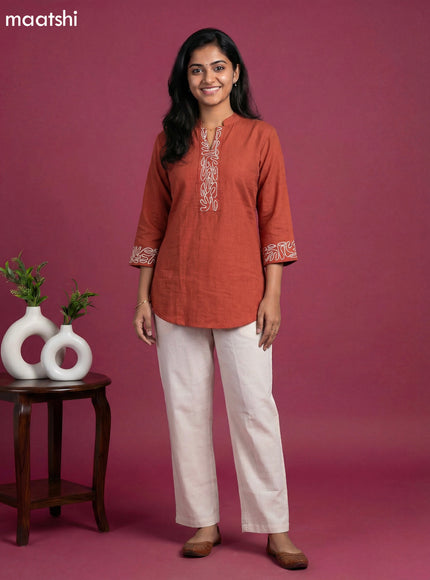 Rust Shade and Off White Rayon Simple Embroidery Work Neck Pattern Short Kurti Set