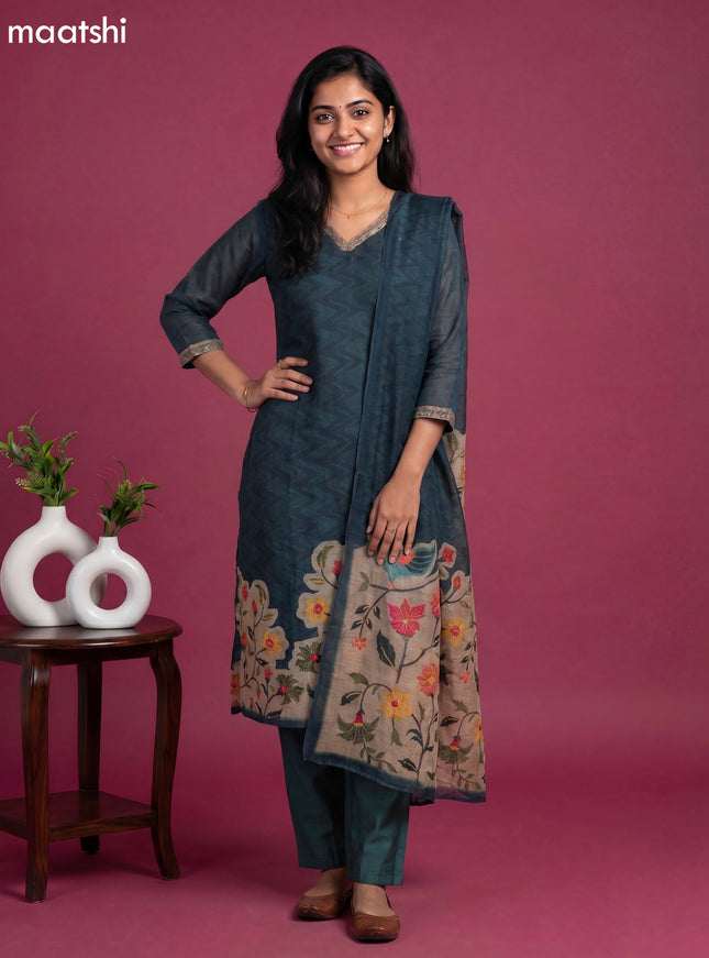 Bottle Green and Beige Linen Cotton Floral Embroidery Work Straight Suit