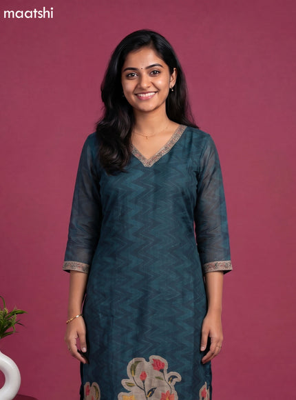 Bottle Green and Beige Linen Cotton Floral Embroidery Work Straight Suit