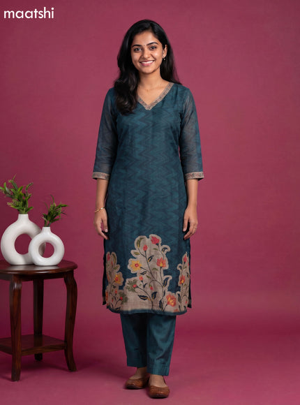 Bottle Green and Beige Linen Cotton Floral Embroidery Work Straight Suit