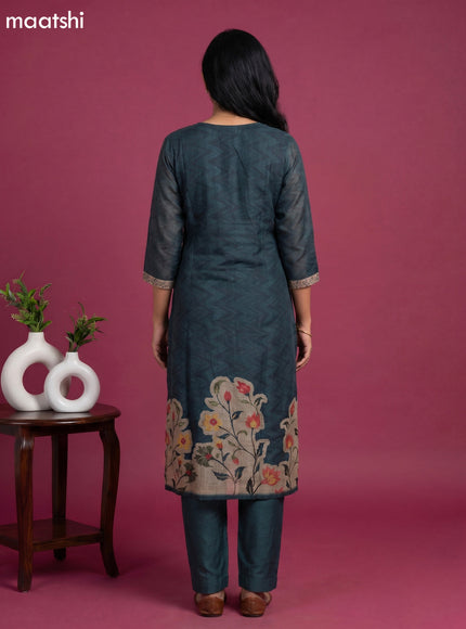 Bottle Green and Beige Linen Cotton Floral Embroidery Work Straight Suit