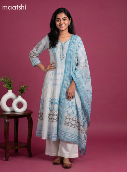 Light Blue and Beige Semi Tussar Printed & Embroidery Work Anarakali Suit