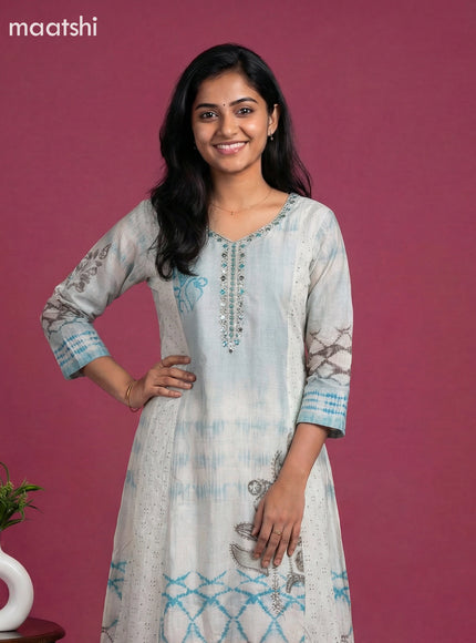 Light Blue and Beige Semi Tussar Printed & Embroidery Work Anarakali Suit