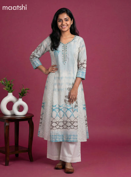 Light Blue and Beige Semi Tussar Printed & Embroidery Work Anarakali Suit