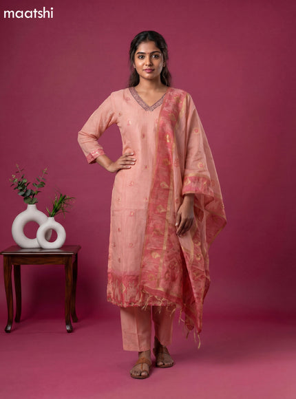 Peach Orange Chanderi Zari Buttas & Embroidery Straight Suit