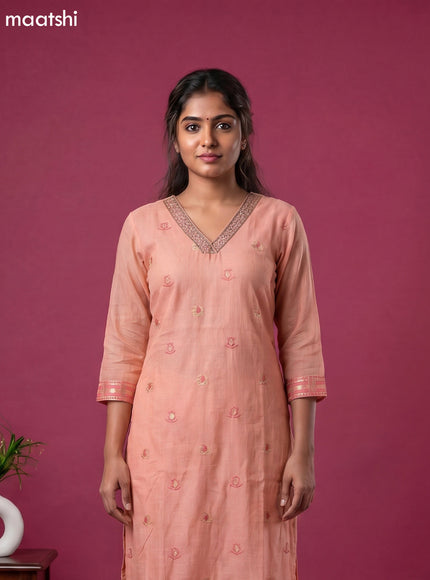 Peach Orange Chanderi Zari Buttas & Embroidery Straight Suit