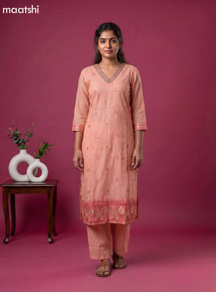 Peach Orange Chanderi Zari Buttas & Embroidery Straight Suit
