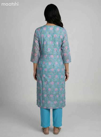 Teal Blue and Cream Chanderi Kalamkari Printed Straight Suit
