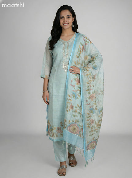 Teal Shade Tissue Linen Gota Patti Neck Pattern Straight Suit