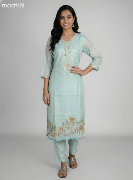 Teal Shade Tissue Linen Gota Patti Neck Pattern Straight Suit