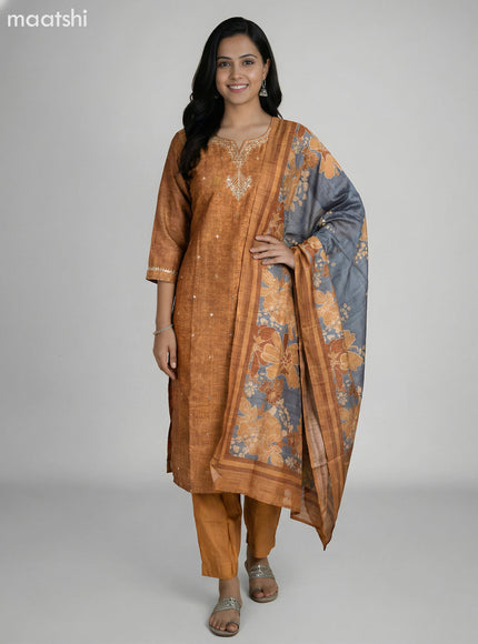 Dark Mustard and Grey Shade Art Tussar Gota Patti Neck Pattern Straight Suit