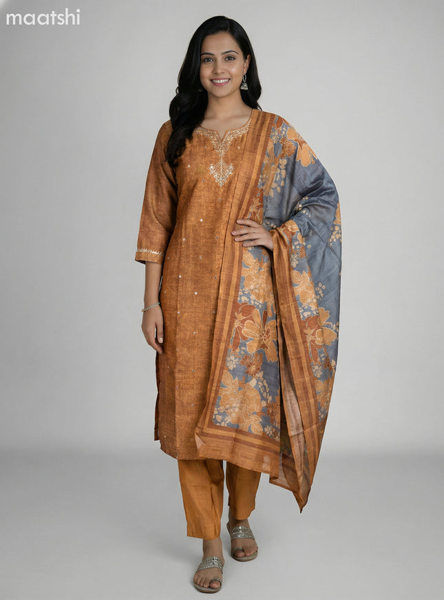 Dark Mustard and Grey Shade Art Tussar Gota Patti Neck Pattern Straight Suit