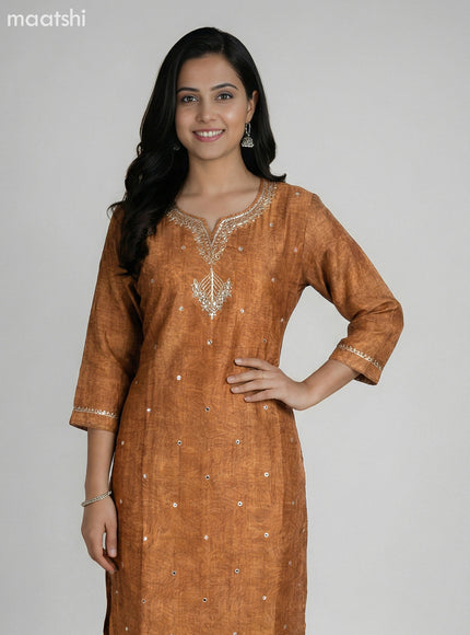 Dark Mustard and Grey Shade Art Tussar Gota Patti Neck Pattern Straight Suit