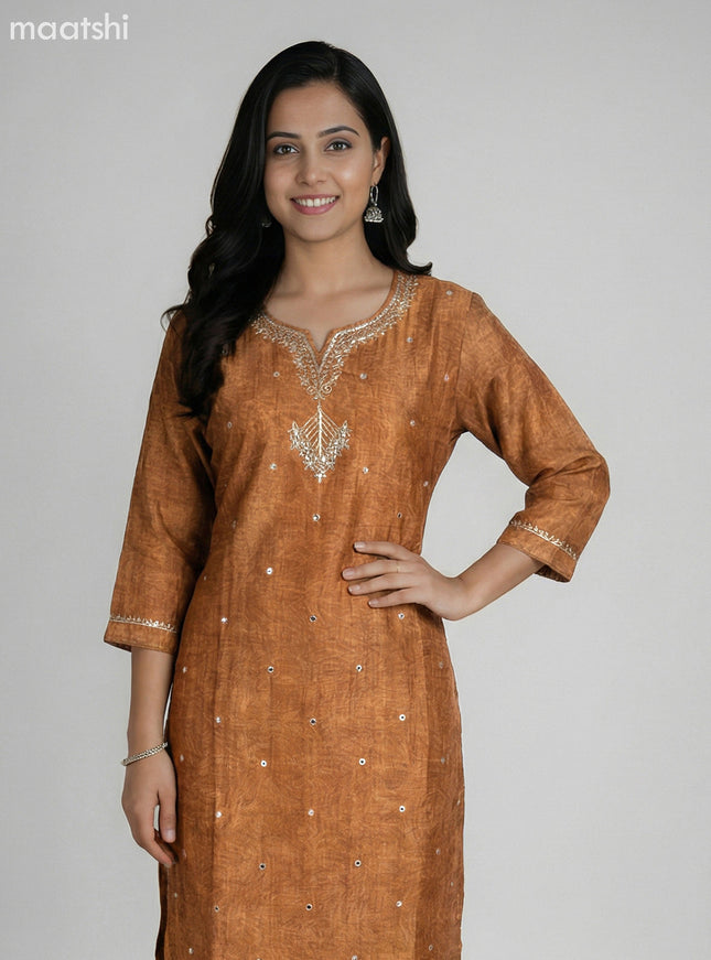 Dark Mustard and Grey Shade Art Tussar Gota Patti Neck Pattern Straight Suit