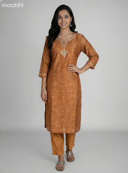 Dark Mustard and Grey Shade Art Tussar Gota Patti Neck Pattern Straight Suit
