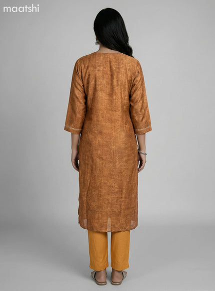 Dark Mustard and Grey Shade Art Tussar Gota Patti Neck Pattern Straight Suit