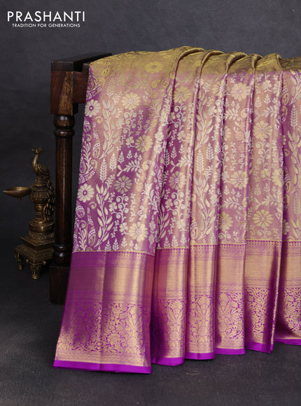 Pure kanchipuram tissue silk saree dual shade of purple with allover zari woven brocade weaves and rich zari woven border