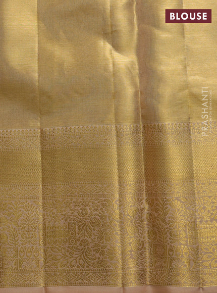 Pure kanchipuram tissue silk saree gold and sandal with alllover zari woven peacock brocade weaves and rich zari woven border