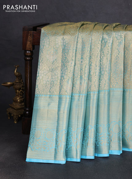 Pure kanchipuram tissue silk saree light blue with allover zari woven brocade weaves and rich zari woven border