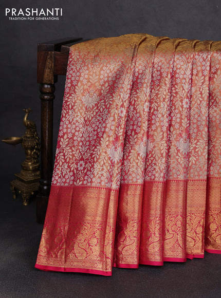 Pure kanchipuram tissue silk saree golden pink and dark pink with allover zari woven brocade weaves and rich zari woven border