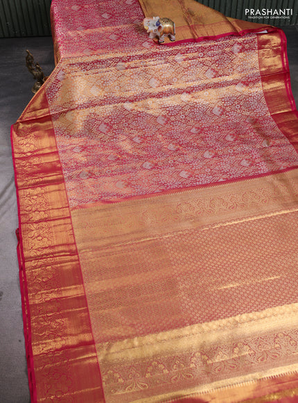 Pure kanchipuram tissue silk saree golden pink and dark pink with allover zari woven brocade weaves and rich zari woven border
