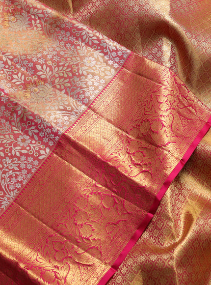 Pure kanchipuram tissue silk saree golden pink and dark pink with allover zari woven brocade weaves and rich zari woven border