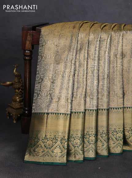 Pure kanchipuram tissue silk saree golden green and bottle green with allover zari woven brocade weaves and rich zari woven border