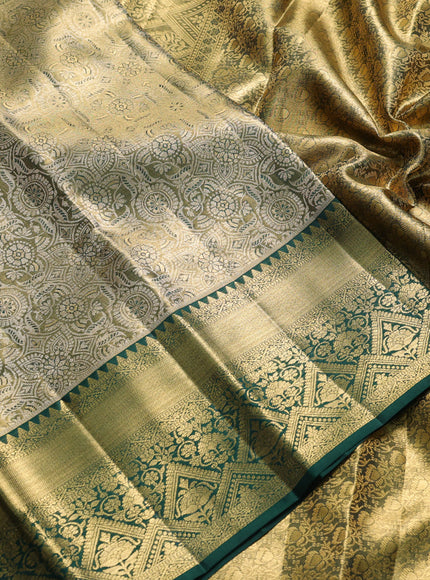 Pure kanchipuram tissue silk saree golden green and bottle green with allover zari woven brocade weaves and rich zari woven border