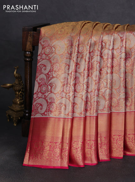 Pure kanchipuram tissue silk saree golden pink and dark pink with allover zari woven brocade weaves and long rich zari woven floral border