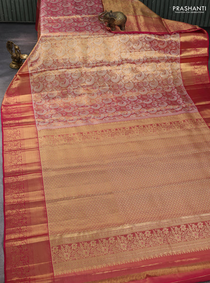 Pure kanchipuram tissue silk saree golden pink and dark pink with allover zari woven brocade weaves and long rich zari woven floral border